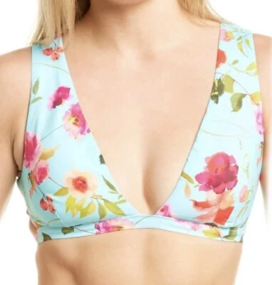 Top de biquíni Nanette Lepore azul Alana floral recortado nas costas tiras tamanho 4 novo com etiquetas - Imagem 1 de 4