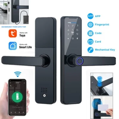 Electronic Digital Smart Door Lock Tuya APP Fingerprint Card Password Key Home - Image 1 of 4