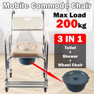 Mobile Shower Toilet Commode Chair Bathroom Aluminum Bedside Footrest Wheelchair - Picture 1 of 12