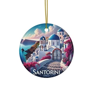 Charming Santorini Greece with Iconic Blue Domes and Flowers Printed on Ceramic - Picture 1 of 4