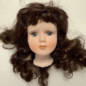 VTG Porcelain Doll Head Parts For 17” Dolls Brown Wig Green Eyes Replacement - Picture 1 of 10