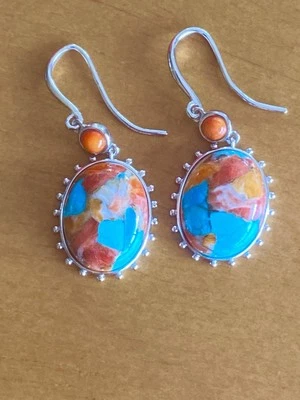 Spiny Oyster Copper Turquoise Earrings Sterling Silver 925 Southwest Signed - Image 1 of 4