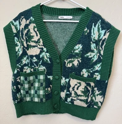 Chaleco Suéter Zara Mujer Medio Verde Retazos Floral Pradera Abuela Gran Tamaño Foto 1 de 4