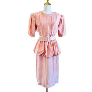Vintage Frances Henaghan Seidenkleid Damen 8 Pfirsich/Rosa kurze Puffärmel Gürtel - Bild 1 von 14