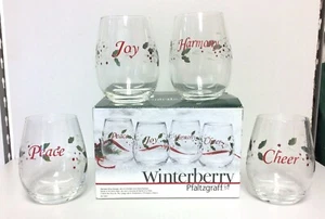 Pfaltzgraff WINTERBERRY Sentiment Stemless Wine Glasses SET OF FOUR IN BOX - Picture 1 of 1