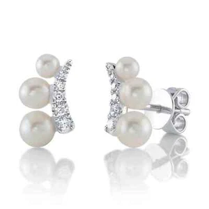 Aretes de perlas de diamantes de oro blanco de 14 quilates corte redondo natural de 0,11 quilates - Imagen 1 de 3