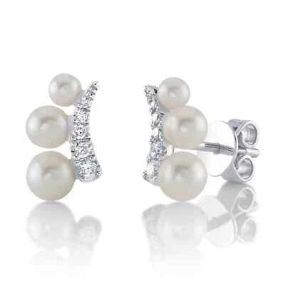 14K White Gold Diamond Pearl Stud Earrings 0.11 CT Round Cut Natural - Image 1 of 3