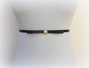 Women's Thin Black Elastic Bow Waist Belt with Ivory Pearl - Picture 1 of 9