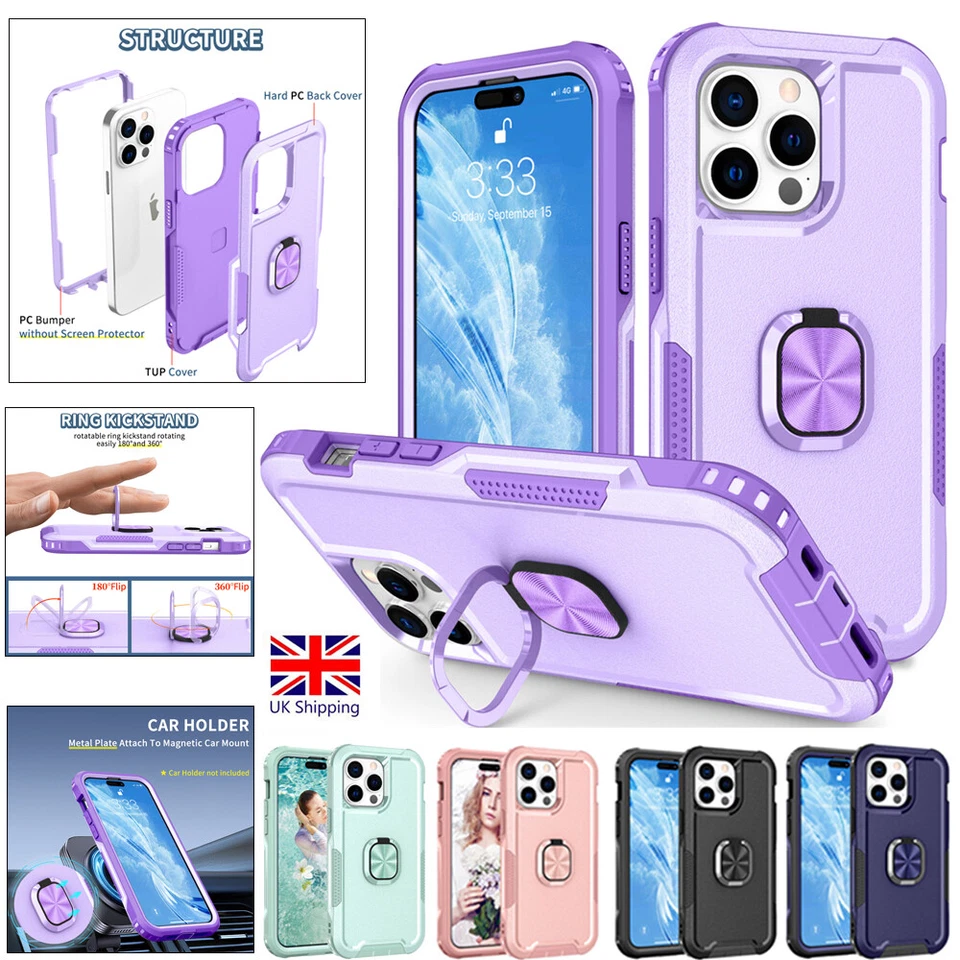 For iPhone 15 Pro Max 14 13 12 11 Heavy Duty Ring Stand Shockproof Case Cover - Image 1 of 4