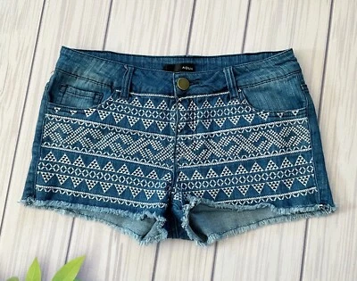 Aqua Blue Denim and White Embroidered Shorts Raw Bottom, Size 26 - Image 1 of 4