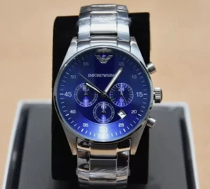 NEW GENUINE EMPORIO ARMANI MENS WATCH AR5860 STAINLESS STEEL SILVER & BLUE DIAL - Picture 1 of 7