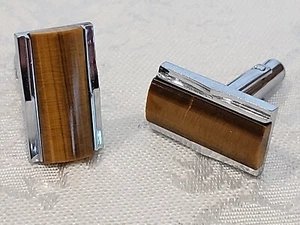 Vintage Tiger's Eye Silver Color Cuff Links 3/4"×7/8" - Picture 1 of 4