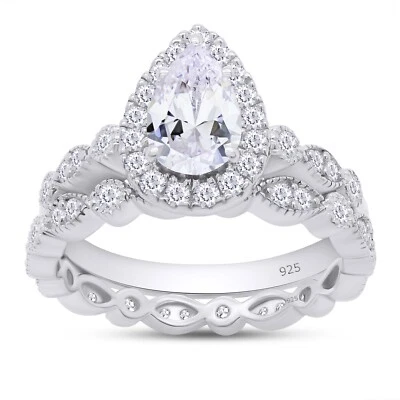 1.40Ct Halo Engagement Bridal Ring Set Pear Cut Lab Created Moissanite Sterling - Image 1 of 4
