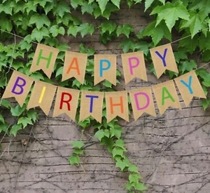 HAPPY BIRTHDAY BUNTING Hessian Party Banner Decoration Decor Burlap - Picture 1 of 8