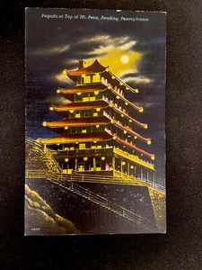 c1949 Night View, The Pagoda At Top Of Mt. Penn, Reading, Pa. Vintage Postcard - Picture 1 of 2