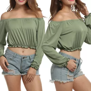 Women's Off Shoulder Ruffle Trim Puff Long Sleeve Tube Crop Blouse Shirt Top US - Picture 1 of 7