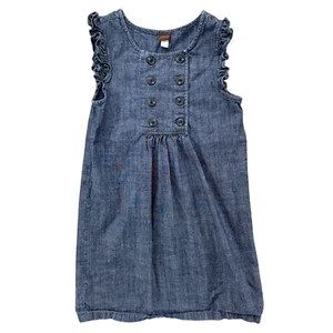 Tea Collection Chambray Shift Dress Girls Blue Pleated Ruffle Cotton Size 7 - Picture 1 of 12