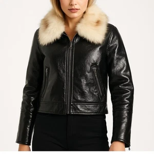 Unreal Fur Wet Look Aviator Jacket Black Faux Leather & Fur Collar Women’s S - Picture 1 of 7