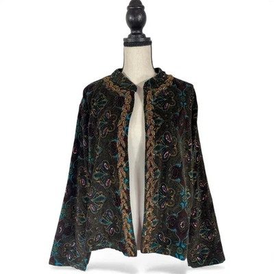 Chico’s Nueva Chaqueta Abierta Deadstock Terciopelo Oliva Paisley Embellecida 3 Nema Foto 1 de 4