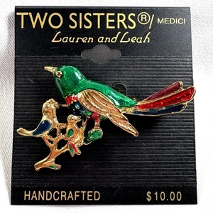 Vintage Two Sisters Medici Painted Enamel Figural Bird w/ Baby Birds Brooch Pin - Picture 1 of 12