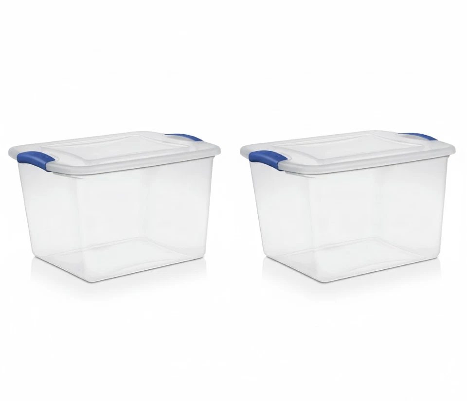 Contenedores de almacenamiento de caja de plástico apilable de 2 piezas 27 cuartos, pestillos azules Foto 1 de 1