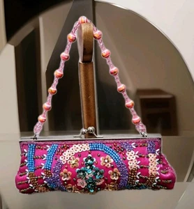 Vintage Satin Sequin Beaded Pink Purse Bag Clutch Formal Prom Event - Picture 1 of 7