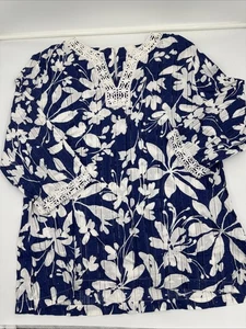 Alfred Dunner dunkelblau Spitze Fransen 3/4 Ärmel Boho Blumen Top Damen 16 - Bild 1 von 11