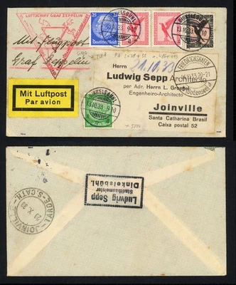 1933 Germany Cover To Brazil Graf Zeppelin Flight Mit Luftpost Airmail 14/10/33 - Image 1 of 3