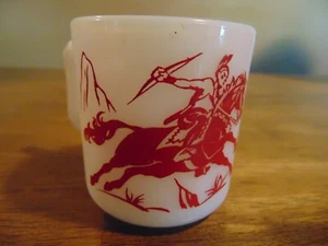 Vintage Hazel Atlas Cowboys Indians Childs Cup Milk Red White Glass 3" - Picture 1 of 3