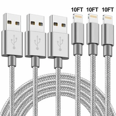 3-Pack 10ft Fabric Gray Cable Heavy Duty Charger Charging Cord For Phone 7 8 X - Image 1 of 4