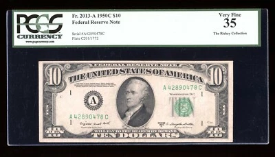 DBR 1950-C $10 FRN Boston Fr. 2013-A PCGS 35 Serial A42890478C - Image 1 of 2