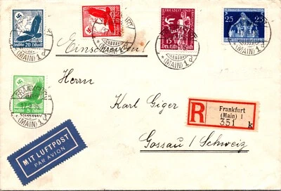 GERMANY 1936 POSTAL REG AIRMAIL COVER MULT FRANKING ADDR SCHWEIZ CANC FRANKFURT - Image 1 of 2