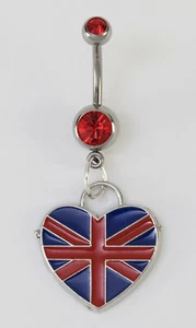 NEW HEART SHAPED BRITISH FLAG ON DAZZLING RED CZ BELLY BUTTON RING BELLY BAR - Imagen 1 de 1