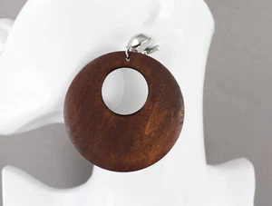 Clip On earrings dark Brown round disc pendant lightweight 3" long 2.25" wide - Picture 1 of 8