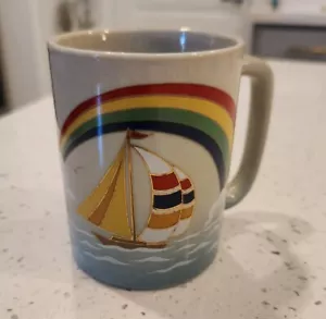 Vintage Otagiri Japan 8 Ounce Coffee Mug with Sailboat and Rainbow - Picture 1 of 7