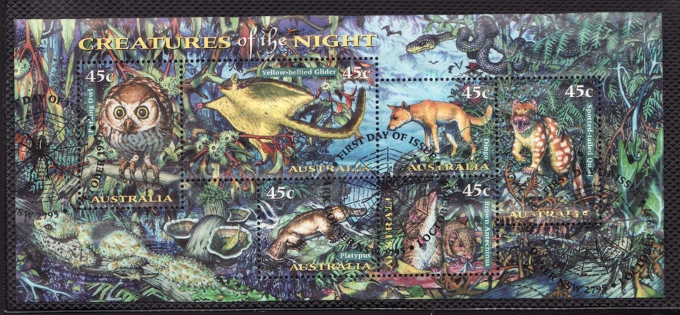 1997 Australia Sc# 1622a s/s Birds & Mammals. Creatures of the Night. Used Cv$6 - Image 1 of 1