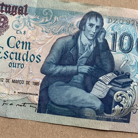Portugal 100 Escudos Banknote 1985 Manuel Bocage Portuguese Writer Currency Cover