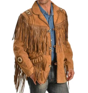 Giacca uomo western wear cowboy marrone bufalo pelle scamosciata frange perline treccia NL07 - Foto 1 di 3