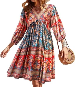 BTFBM Women Casual Spring Summer Dresses V Neck 3/4 Long Sleeve Ruffle Floral XL - Picture 1 of 5