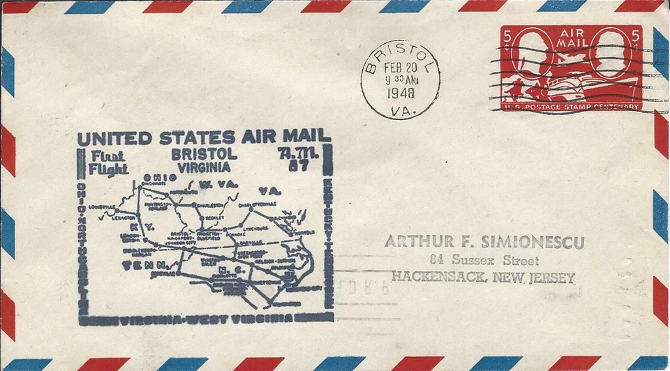 1st Airmail Flight Bristol VA Feb 20 1948 AAMC#87W4 - Image 1 of 1