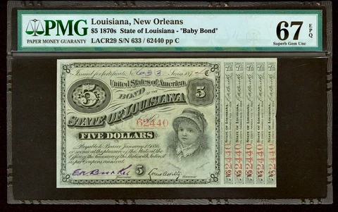 1870's New Orleans Baby Bond State Of Louisiana $5 Note PMG Superb Gem 67 EPQ Cover