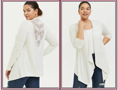 TORRID (1X) Super Soft Oatmeal Crochet Back Hi-Lo Cardigan cascading Drape - Image 1 of 4