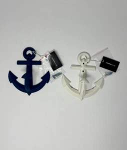 2 Iron Anchor Wall Hook White Blue Coat Towel Holder Nautical Marine Beach Décor - Picture 1 of 11