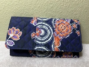 Womens Avon Fabric Snap Wallet Blue Black Orange White Floral Print - Picture 1 of 5