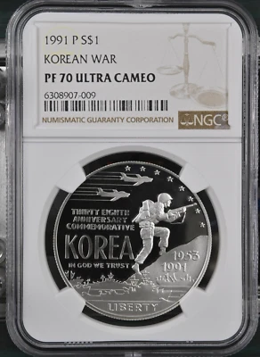 :1991-P S1$ Korean War Commemorative Silver Dollar NGC PF70UC Rarity R4 Top Pop - Image 1 of 2