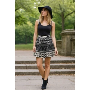 XXI Forever 21 Falda Para Mujer 27 Negro Blanco Tribal Estampado Azteca Mini Acampanada Boho - Imagen 1 de 8