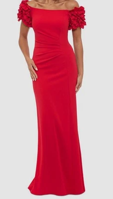 Vestido feminino Xscape vermelho crepe com babados fora do ombro tamanho 10 - Imagem 1 de 3