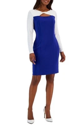 Nuevo vestido ceñido al cuerpo con cuello nudo en bloques de colores grandes azul real blanco pulóver elástico Foto 1 de 4