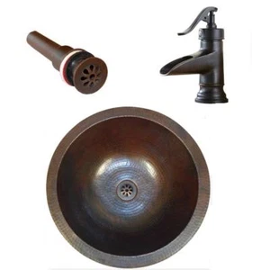 15" Round Copper Undermount Bath Vanity Sink with Daisy Drain and ORB 7" Faucet - Picture 1 of 5