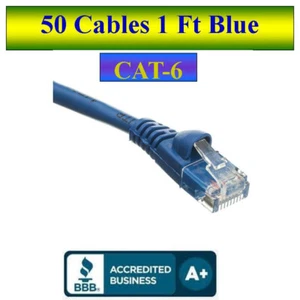 Pack of 50 Cables Snagless 1 Ft Cat6 Blue Network Ethernet Patch Cable - Picture 1 of 5